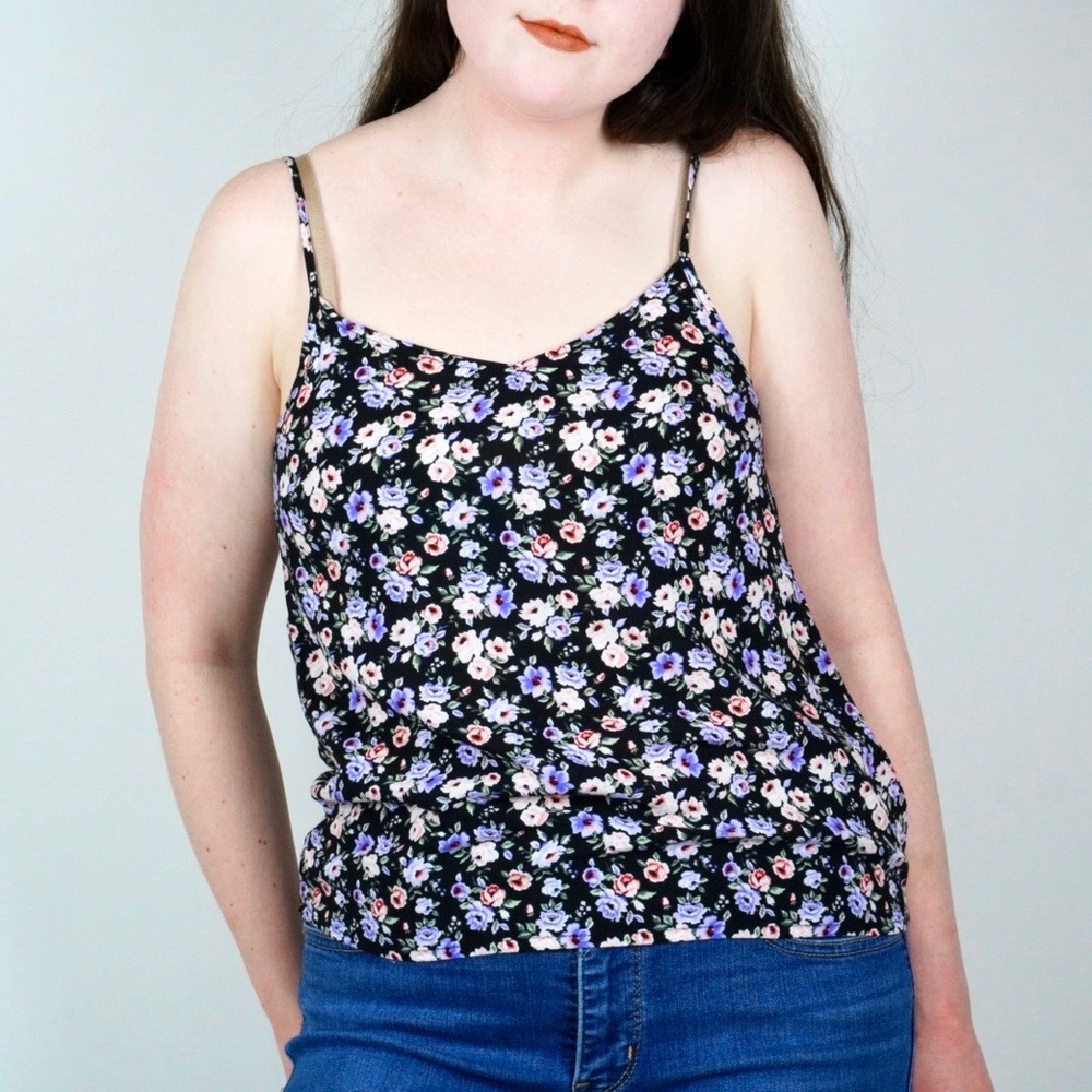 Black Floral Print Spaghetti Strap Tank Top
